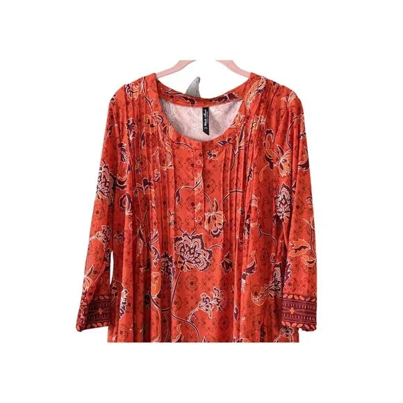 White Mark Floral Tunic Top 1XL 3/4 Sleeve Boho Assymetric Hem Red Orange Womens - Picture 2 of 6